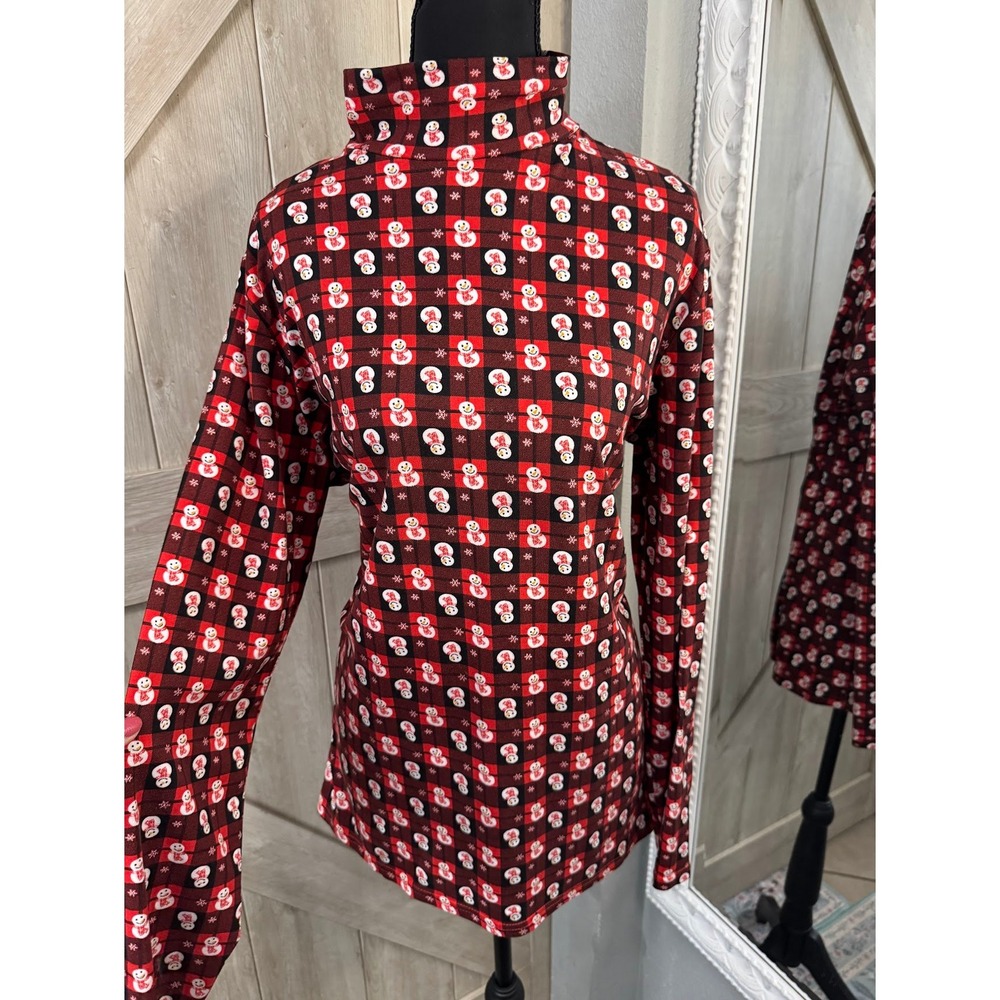 Holiday Snowman Buffalo Plaid Turtleneck Top Red Black Long Sleeve Christmas